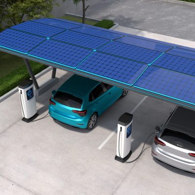 Electric cars are being charged in vehicle parking with solar panel energy, EV Charging Station, Clean energy filling technology. 3D illustration Electric cars are being charged in vehicle parking with solar panel energy, EV Charging Station, Clean energy filling technology. 3D illustration